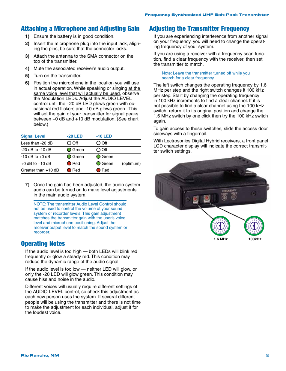 Attaching a microphone and adjusting gain, Adjusting the transmitter frequency | Lectrosonics UM400a User Manual | Page 9 / 20