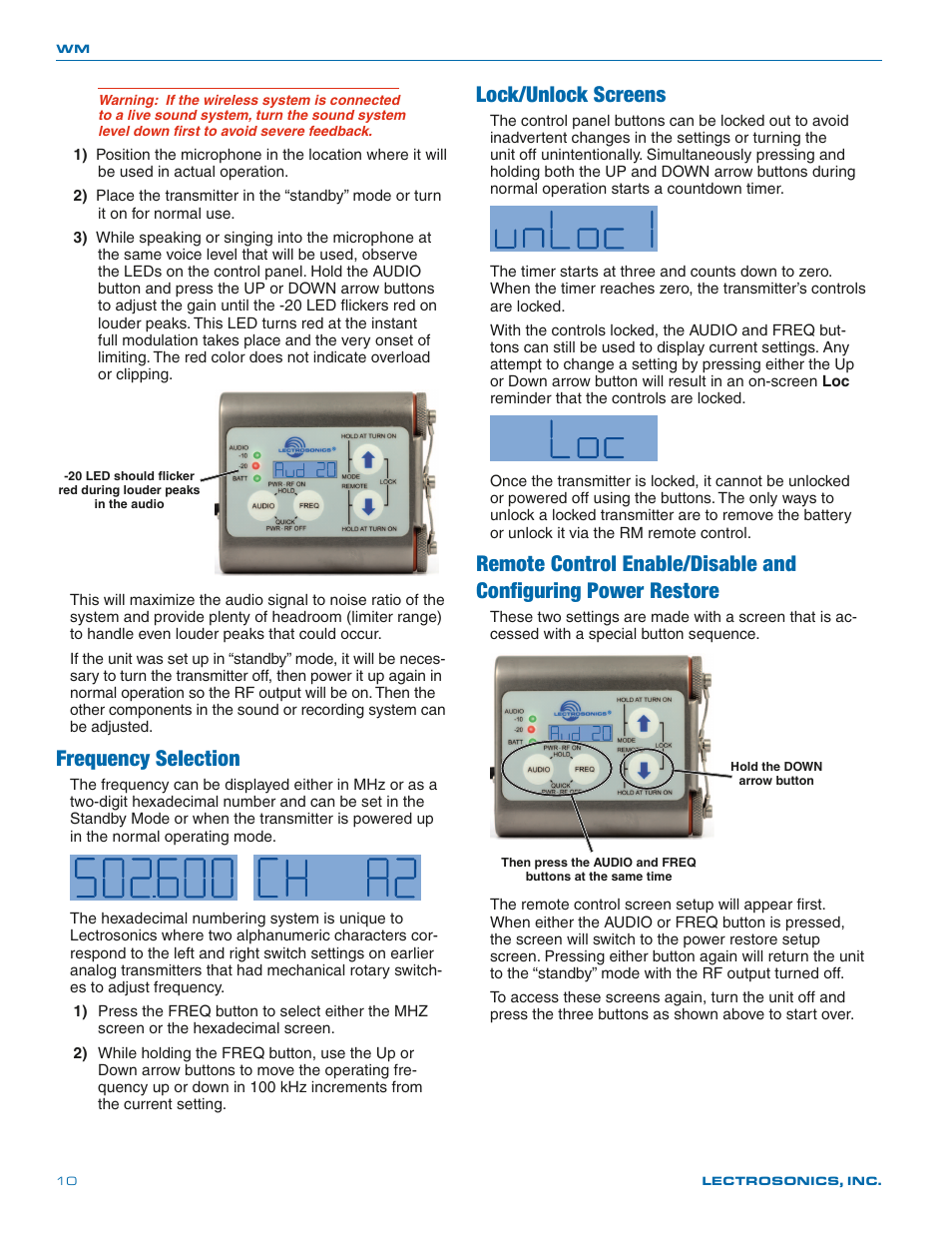 Frequency selection, Lock/unlock screens, Remote control enable/disable and | Configuring power restore | Lectrosonics WM - Manual User Manual | Page 10 / 24