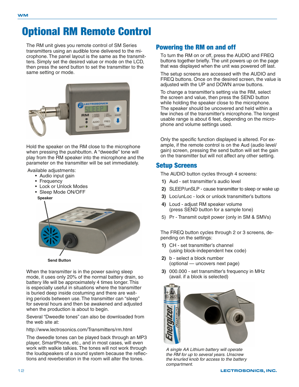 Optional rm remote control, Powering the rm on and off, Setup screens | Lectrosonics WM - Manual User Manual | Page 12 / 24