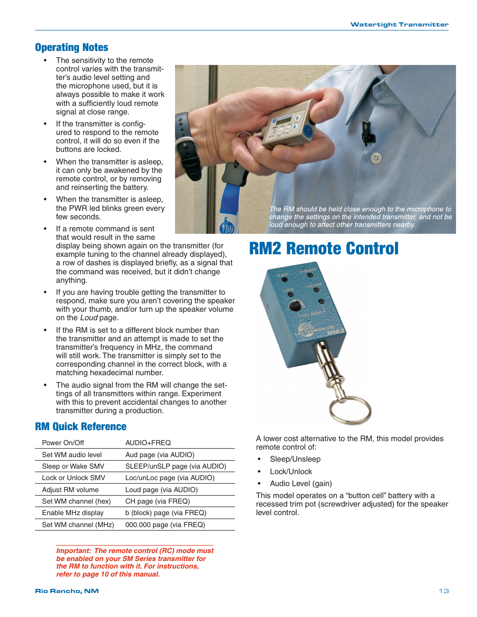 Operating notes, Rm quick reference, Rm2 remote control | Lectrosonics WM - Manual User Manual | Page 13 / 24