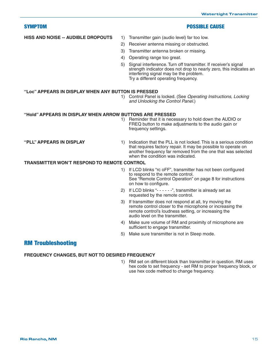 Rm troubleshooting, Symptom possible cause | Lectrosonics WM - Manual User Manual | Page 15 / 24