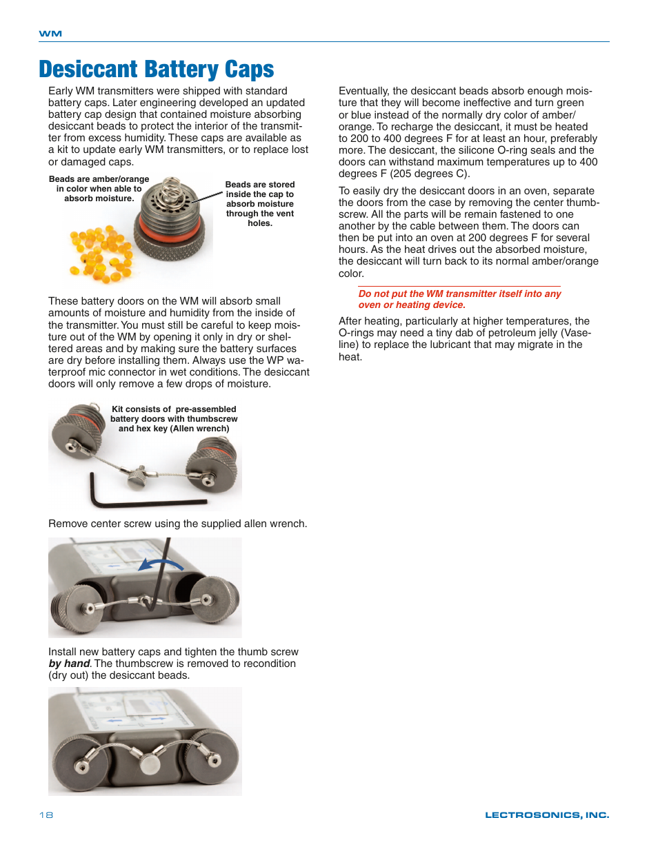 Desiccant battery caps | Lectrosonics WM - Manual User Manual | Page 18 / 24