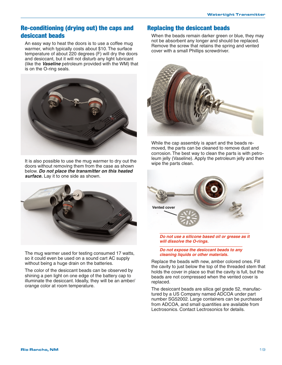 Replacing the desiccant beads | Lectrosonics WM - Manual User Manual | Page 19 / 24