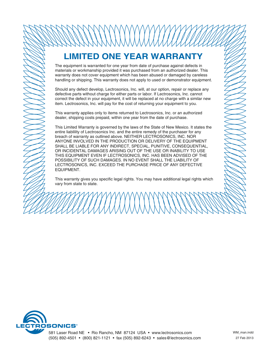 Limited one year warranty | Lectrosonics WM - Manual User Manual | Page 24 / 24