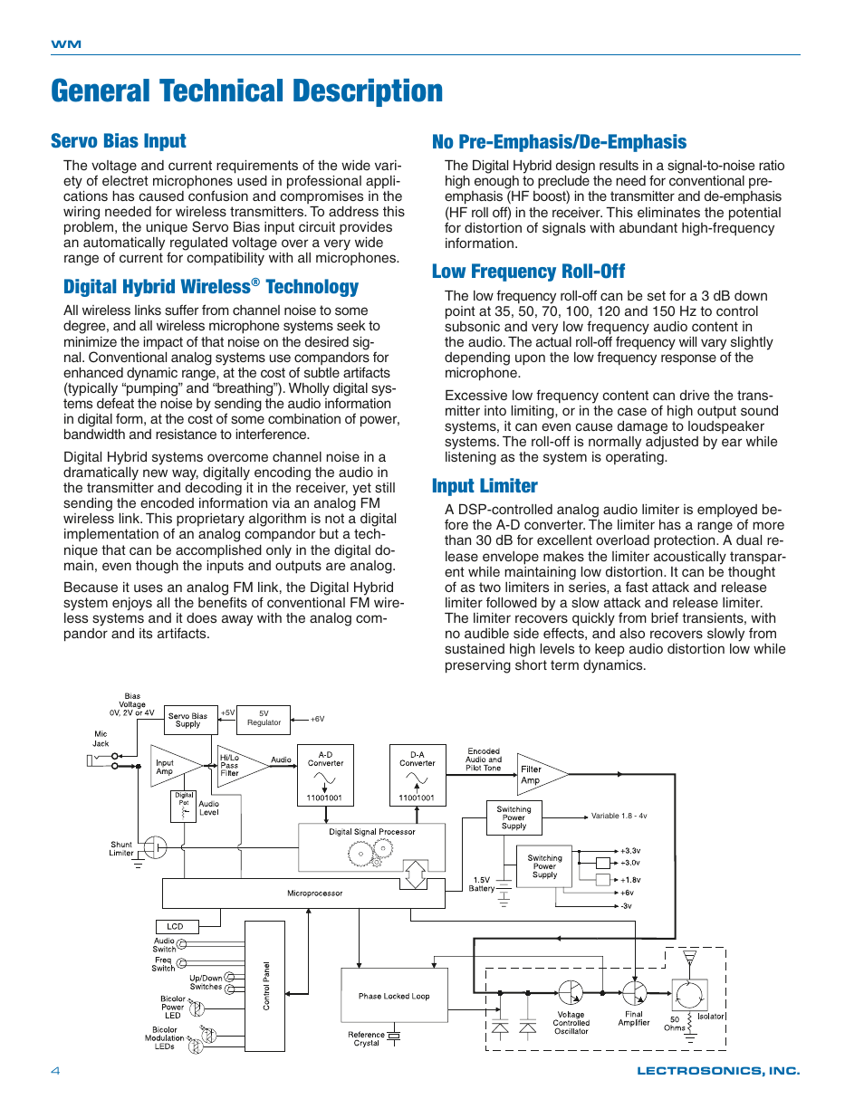 General technical description, Servo bias input, Digital hybrid wireless | Technology, No pre-emphasis/de-emphasis, Low frequency roll-off, Input limiter | Lectrosonics WM - Manual User Manual | Page 4 / 24