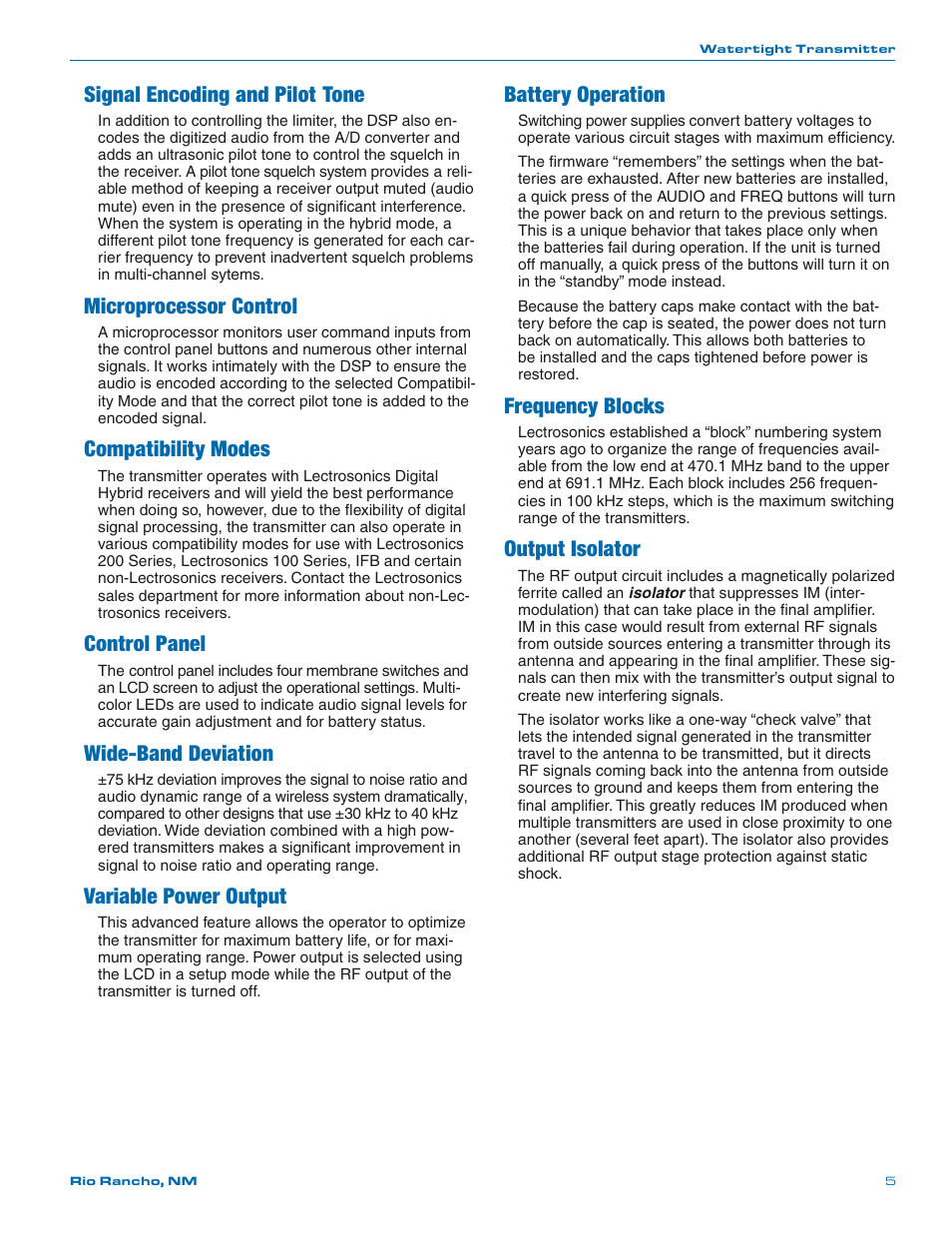 Signal encoding and pilot tone, Microprocessor control, Compatibility modes | Control panel, Wide-band deviation, Variable power output, Battery operation, Frequency blocks, Output isolator | Lectrosonics WM - Manual User Manual | Page 5 / 24