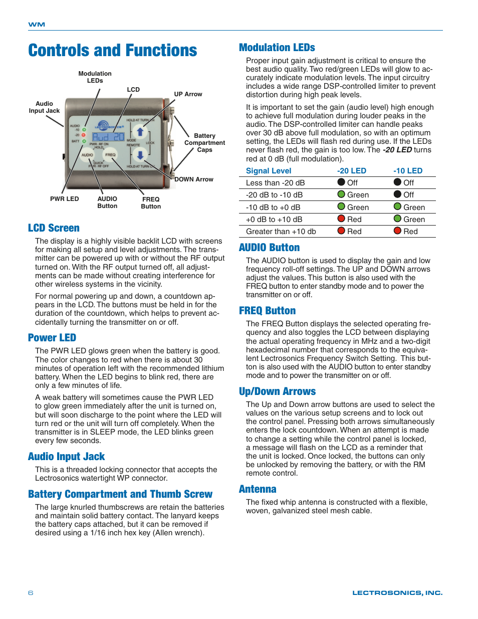 Controls and functions, Lcd screen, Power led | Audio input jack, Battery compartment and thumb screw, Modulation leds, Audio button, Freq button, Up/down arrows, Antenna | Lectrosonics WM - Manual User Manual | Page 6 / 24