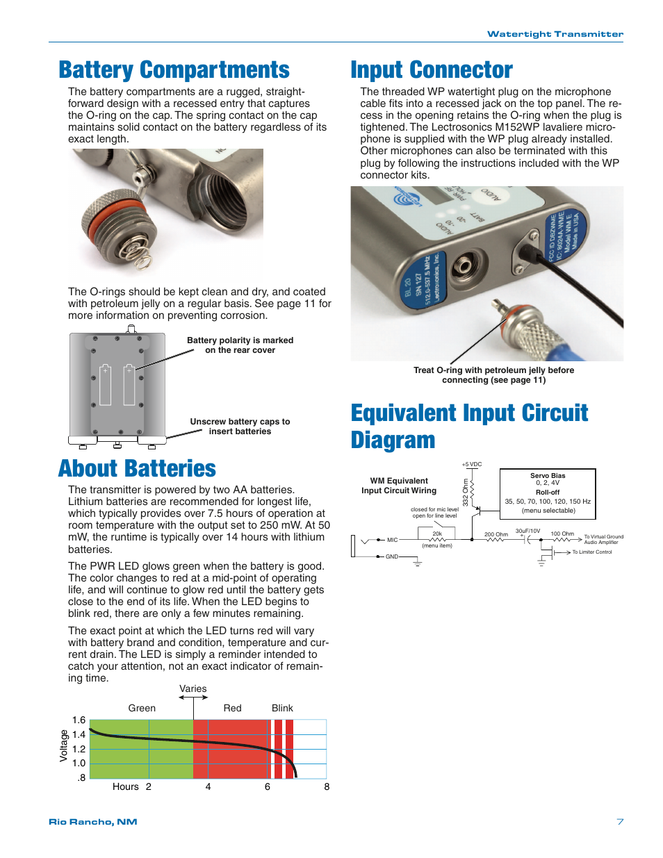 Battery compartments, About batteries, Input connector | Equivalent input circuit diagram | Lectrosonics WM - Manual User Manual | Page 7 / 24