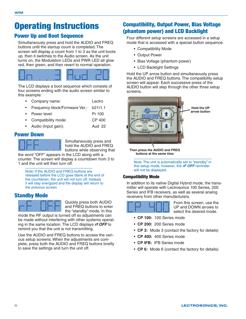 Operating instructions, Power up and boot sequence, Power down | Standby mode, And lcd backlight | Lectrosonics WM - Manual User Manual | Page 8 / 24