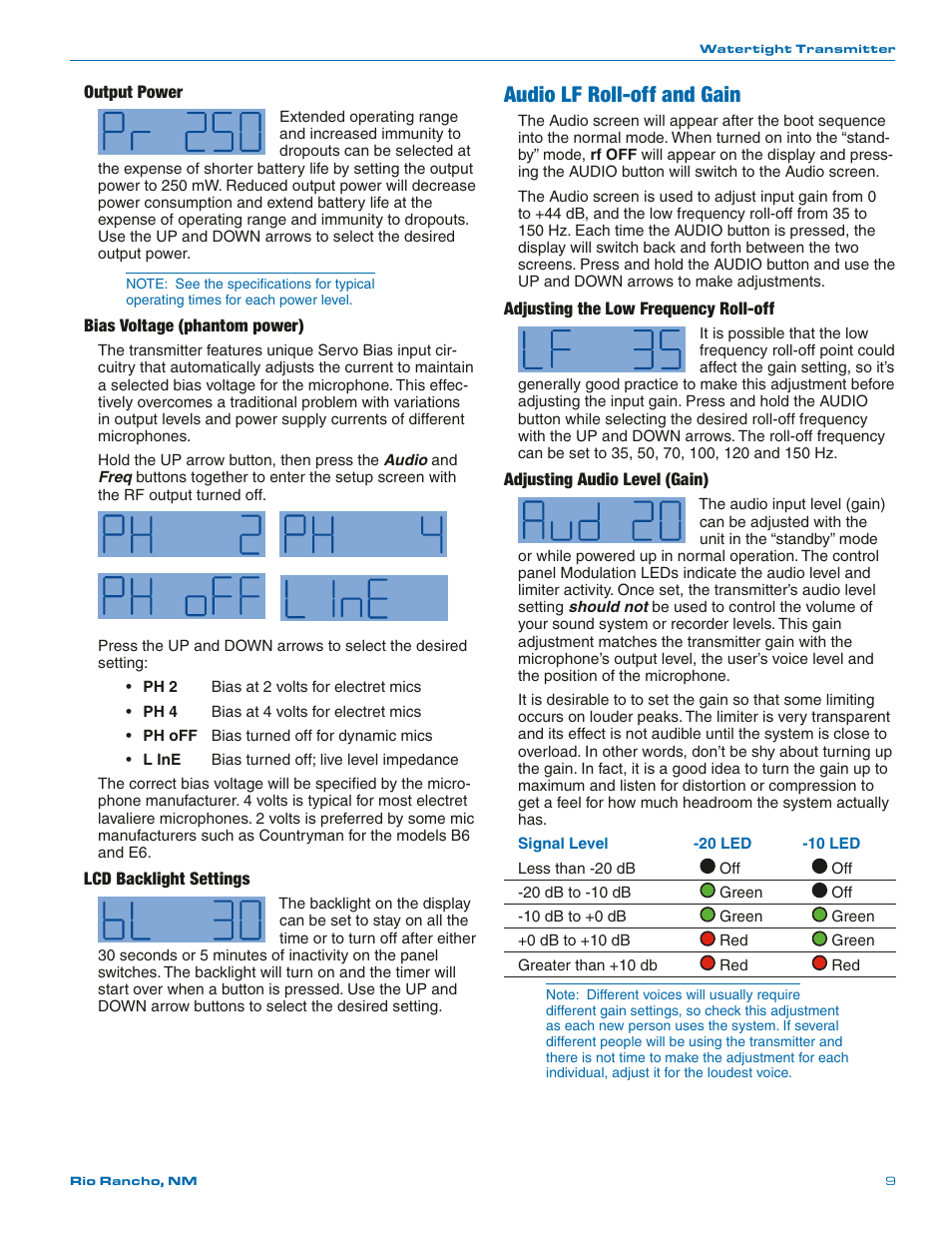 Audio lf roll-off and gain | Lectrosonics WM - Manual User Manual | Page 9 / 24