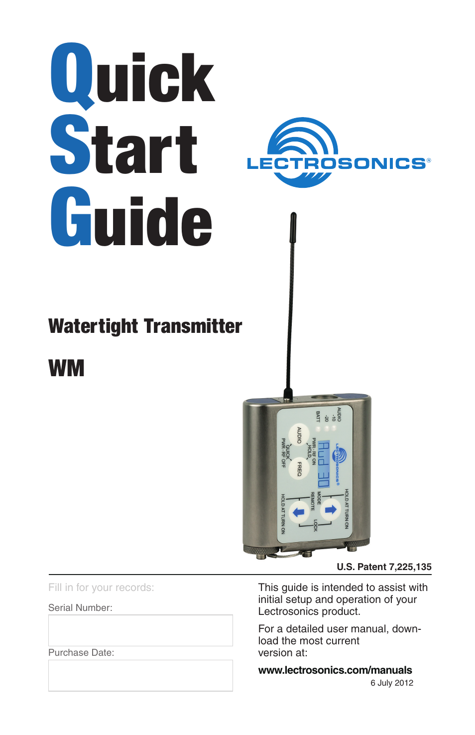 Lectrosonics WM - Quick Start Guide User Manual | 8 pages