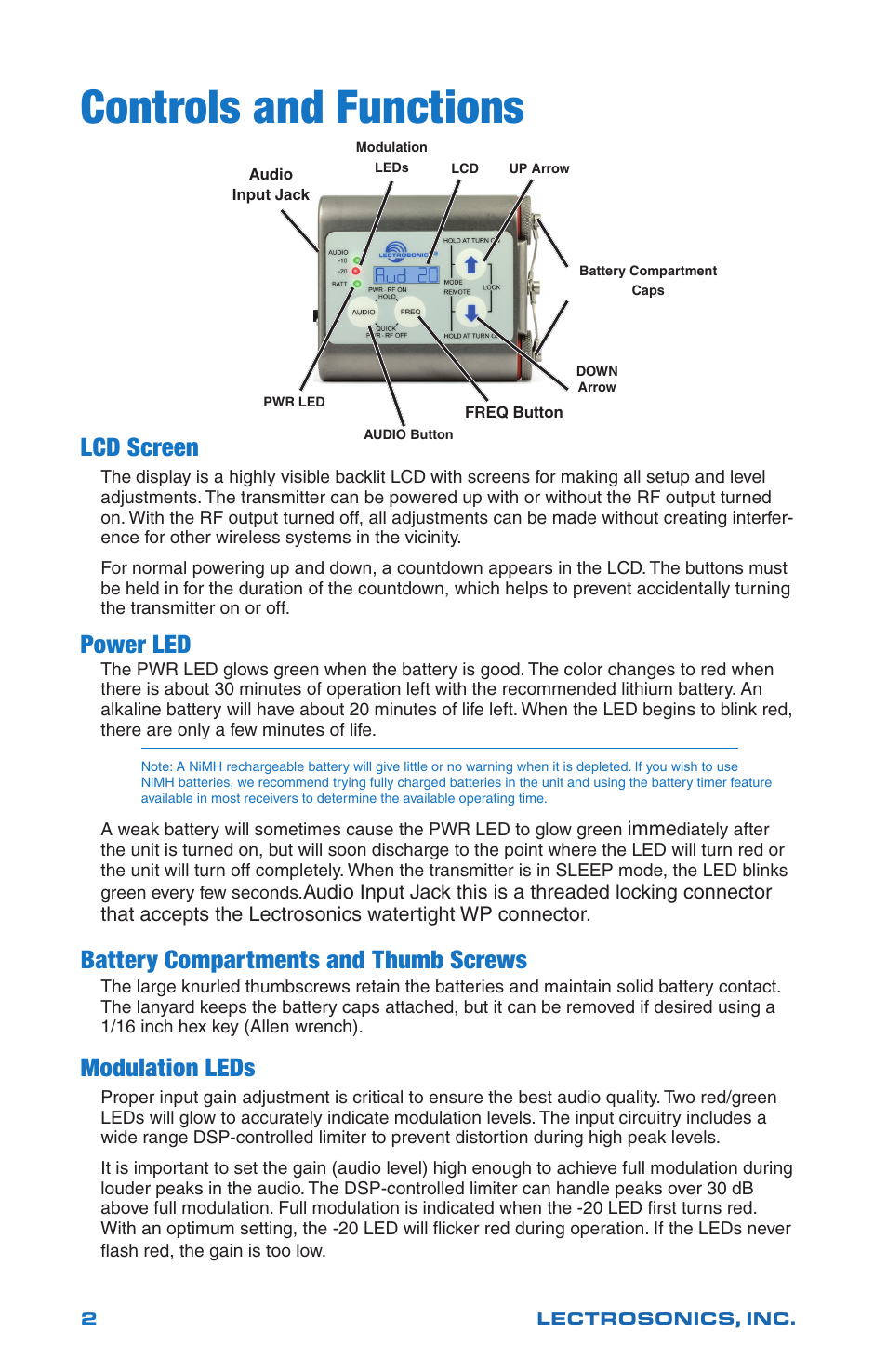 Controls and functions, Lcd screen, Battery compartments and thumb screws | Modulation leds, Power led | Lectrosonics WM - Quick Start Guide User Manual | Page 2 / 8