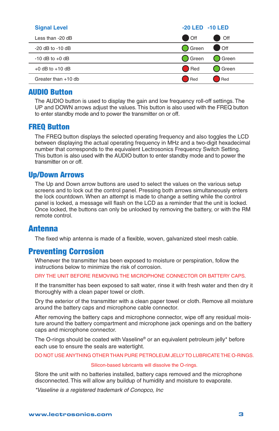 Antenna, Preventing corrosion, Audio button | Freq button, Up/down arrows | Lectrosonics WM - Quick Start Guide User Manual | Page 3 / 8