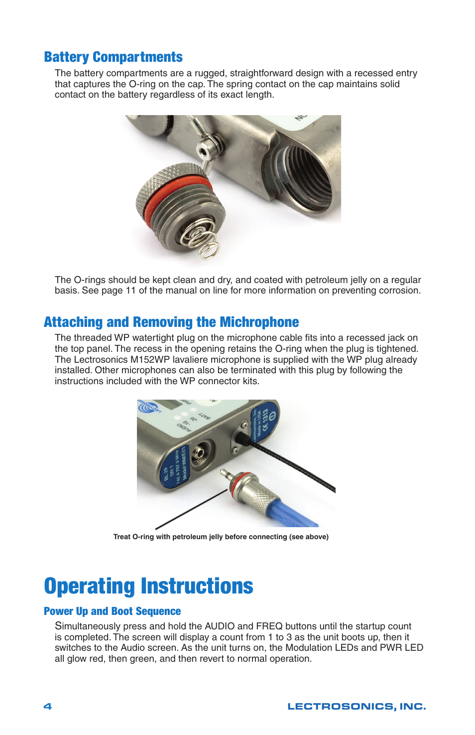 Operating instructions, Battery compartments, Attaching and removing the michrophone | Lectrosonics WM - Quick Start Guide User Manual | Page 4 / 8