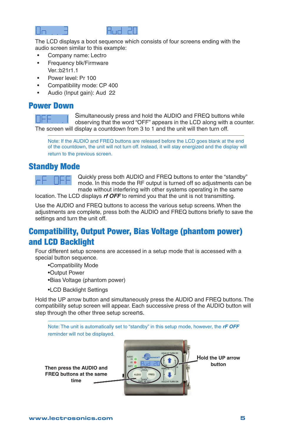 Power down, Standby mode | Lectrosonics WM - Quick Start Guide User Manual | Page 5 / 8