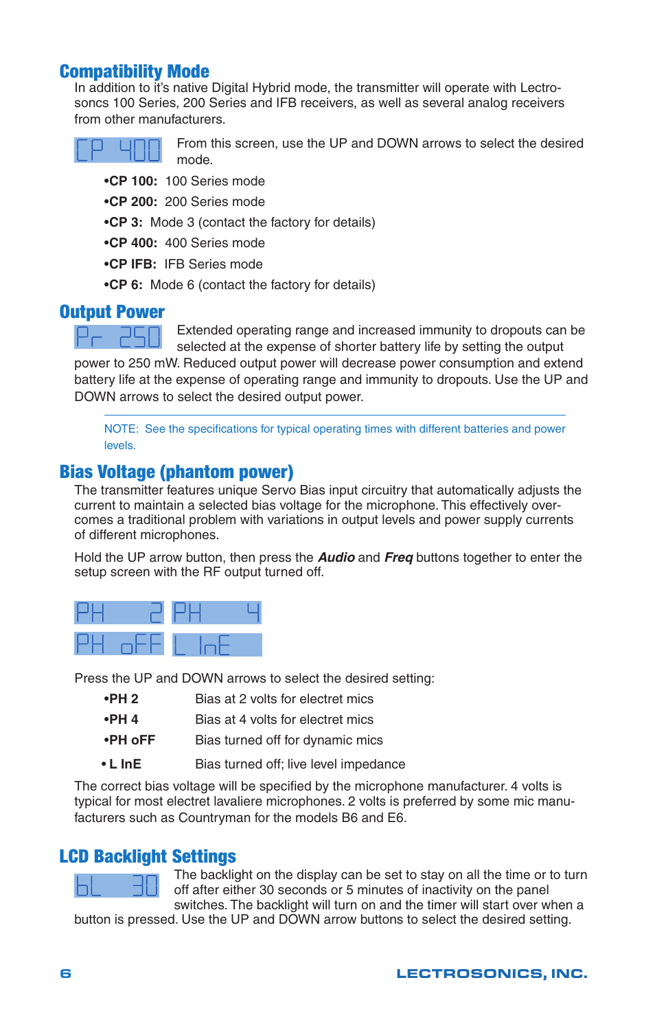 Compatibility mode, Output power, Bias voltage (phantom power) | Lcd backlight settings | Lectrosonics WM - Quick Start Guide User Manual | Page 6 / 8