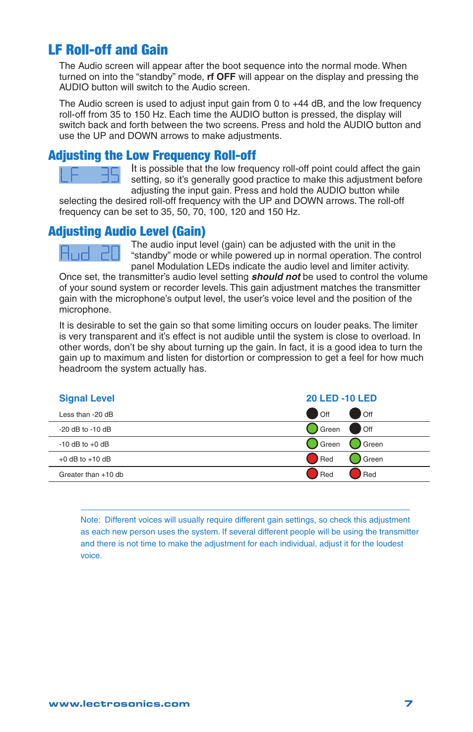 Lf roll-off and gain, Adjusting the low frequency roll-off, Adjusting audio level (gain) | Lectrosonics WM - Quick Start Guide User Manual | Page 7 / 8