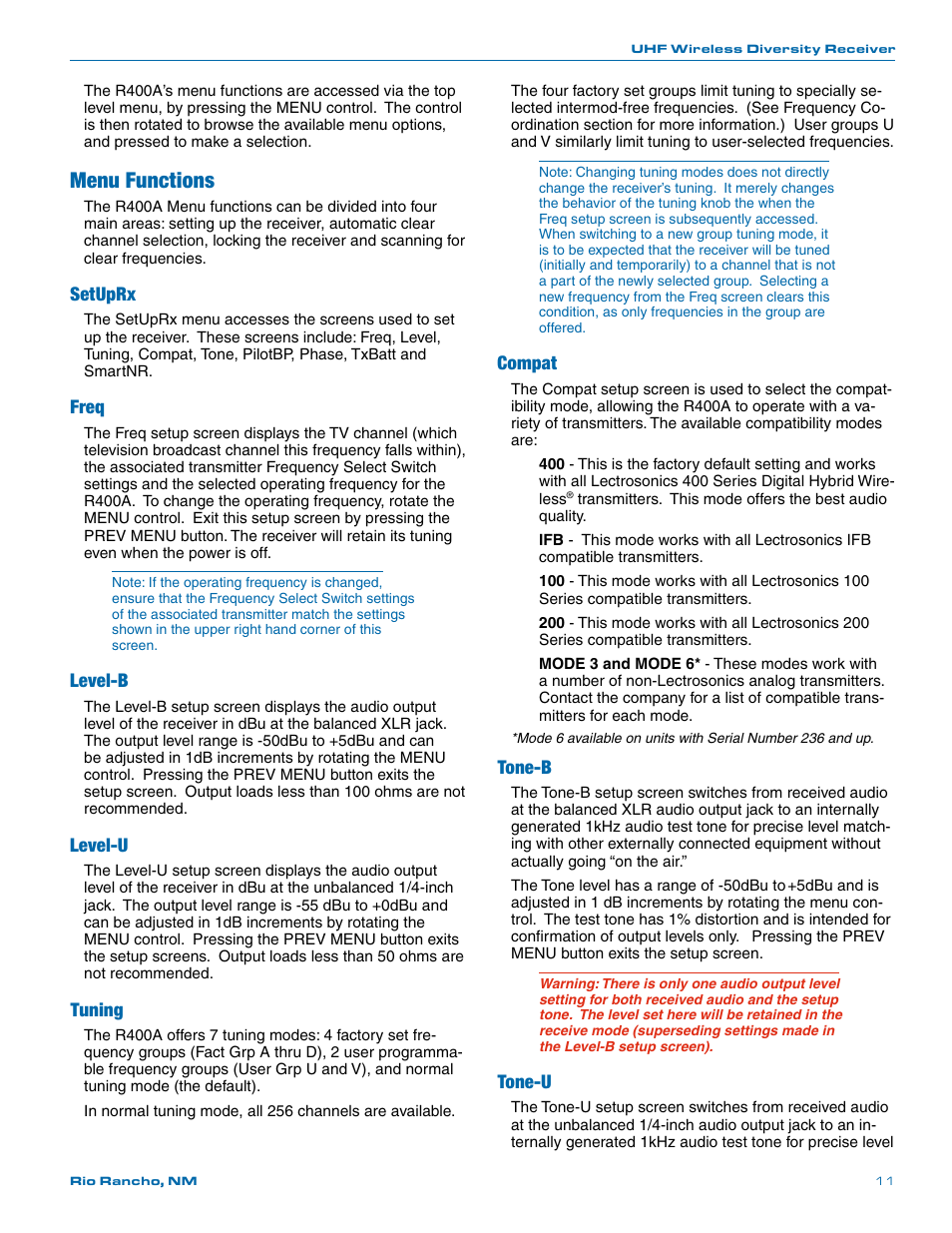 Menu functions, Setuprx, Freq | Level-b, Level-u, Tuning, Compat, Tone-b, Tone-u | Lectrosonics R400a User Manual | Page 11 / 24