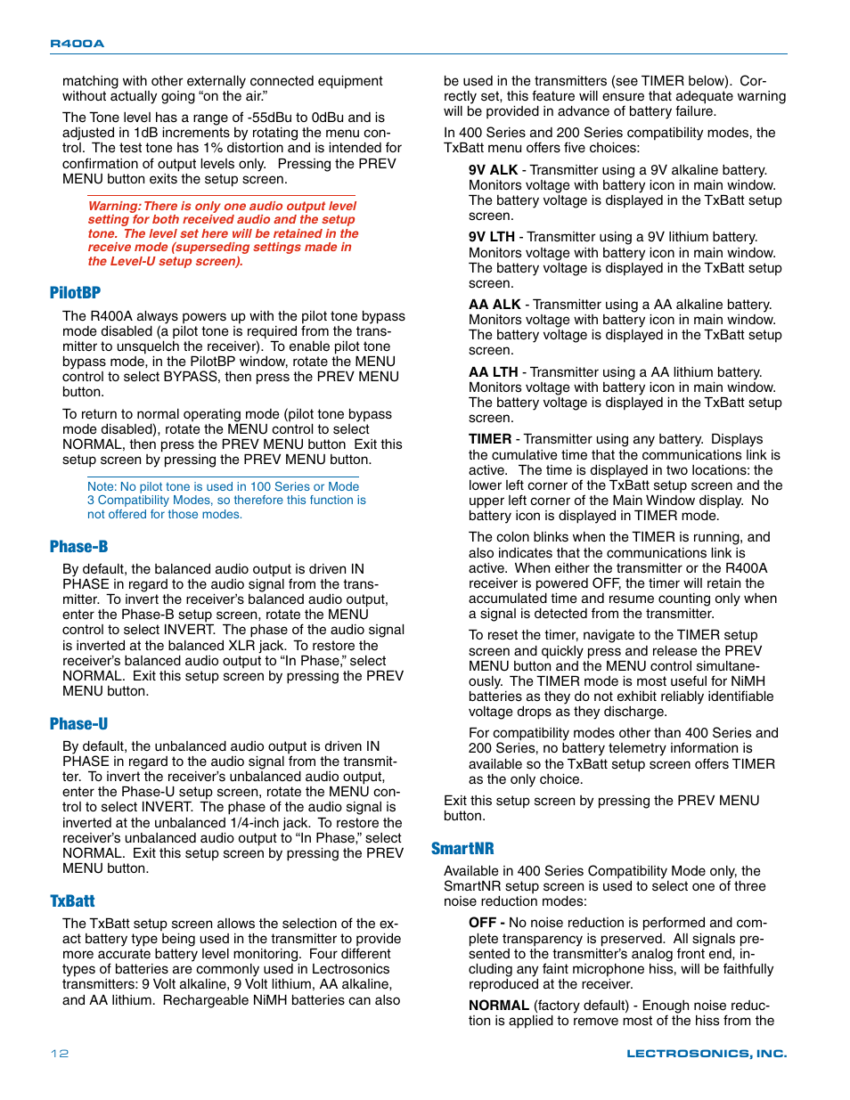 Pilotbp, Phase-b, Phase-u | Txbatt, Smartnr | Lectrosonics R400a User Manual | Page 12 / 24
