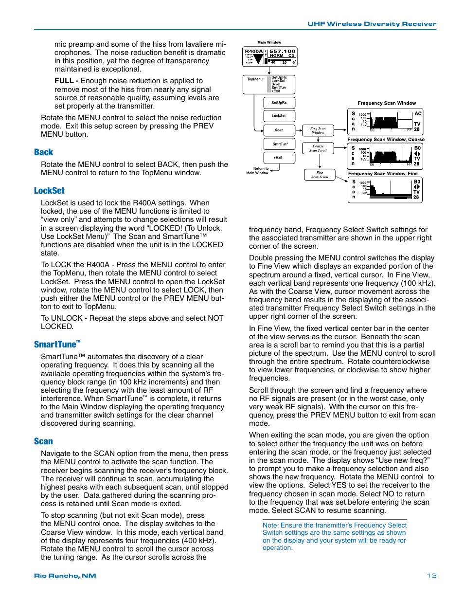 Back, Lockset, Smarttune | Scan | Lectrosonics R400a User Manual | Page 13 / 24