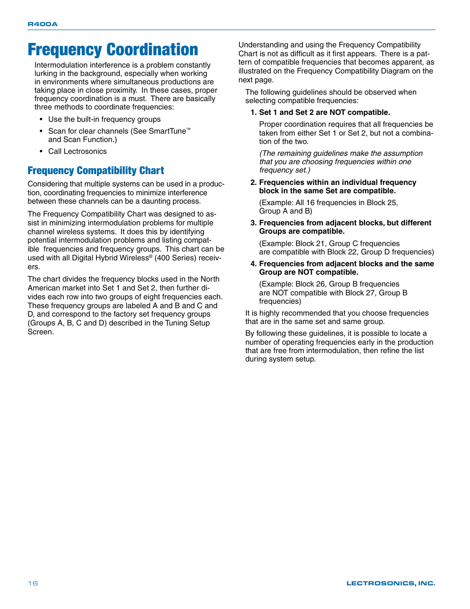 Frequency coordination, Frequency compatibility chart | Lectrosonics R400a User Manual | Page 16 / 24