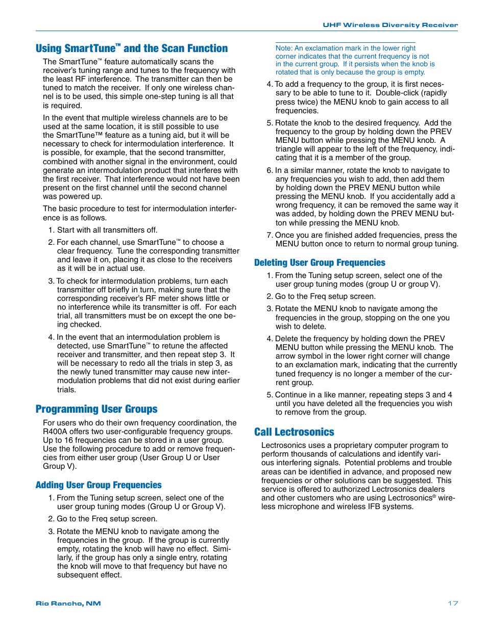 Using smarttune, And the scan function, Programming user groups | Call lectrosonics, Adding user group frequencies, Deleting user group frequencies | Lectrosonics R400a User Manual | Page 17 / 24