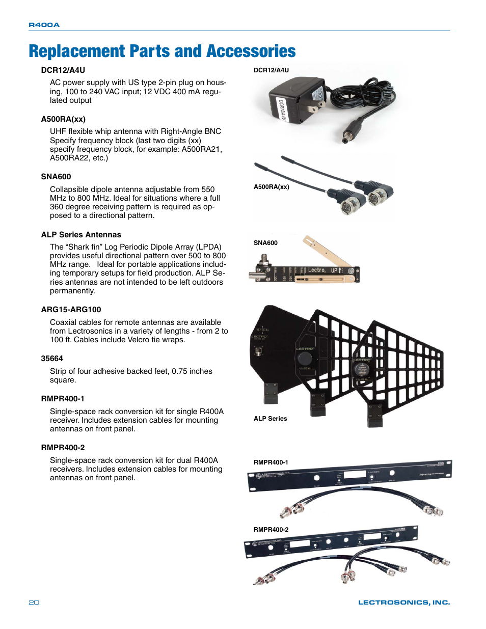 Replacement parts and accessories | Lectrosonics R400a User Manual | Page 20 / 24