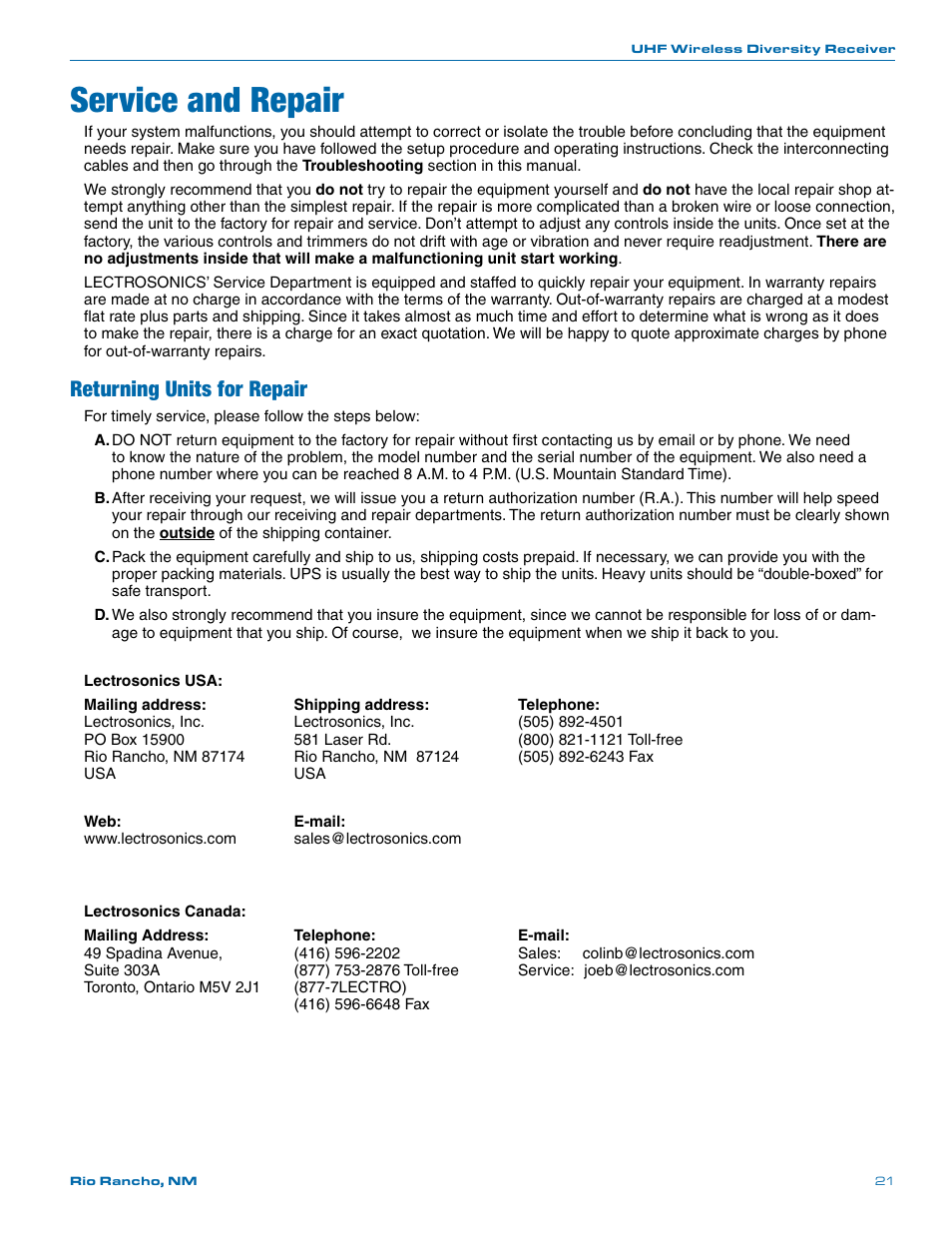 Service and repair, Returning units for repair | Lectrosonics R400a User Manual | Page 21 / 24