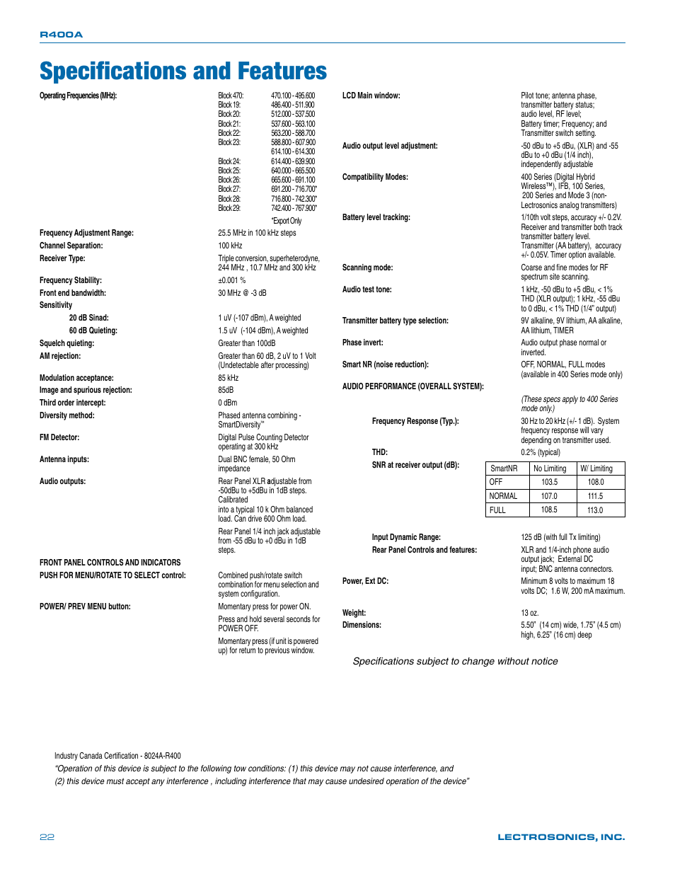 Specifications and features | Lectrosonics R400a User Manual | Page 22 / 24