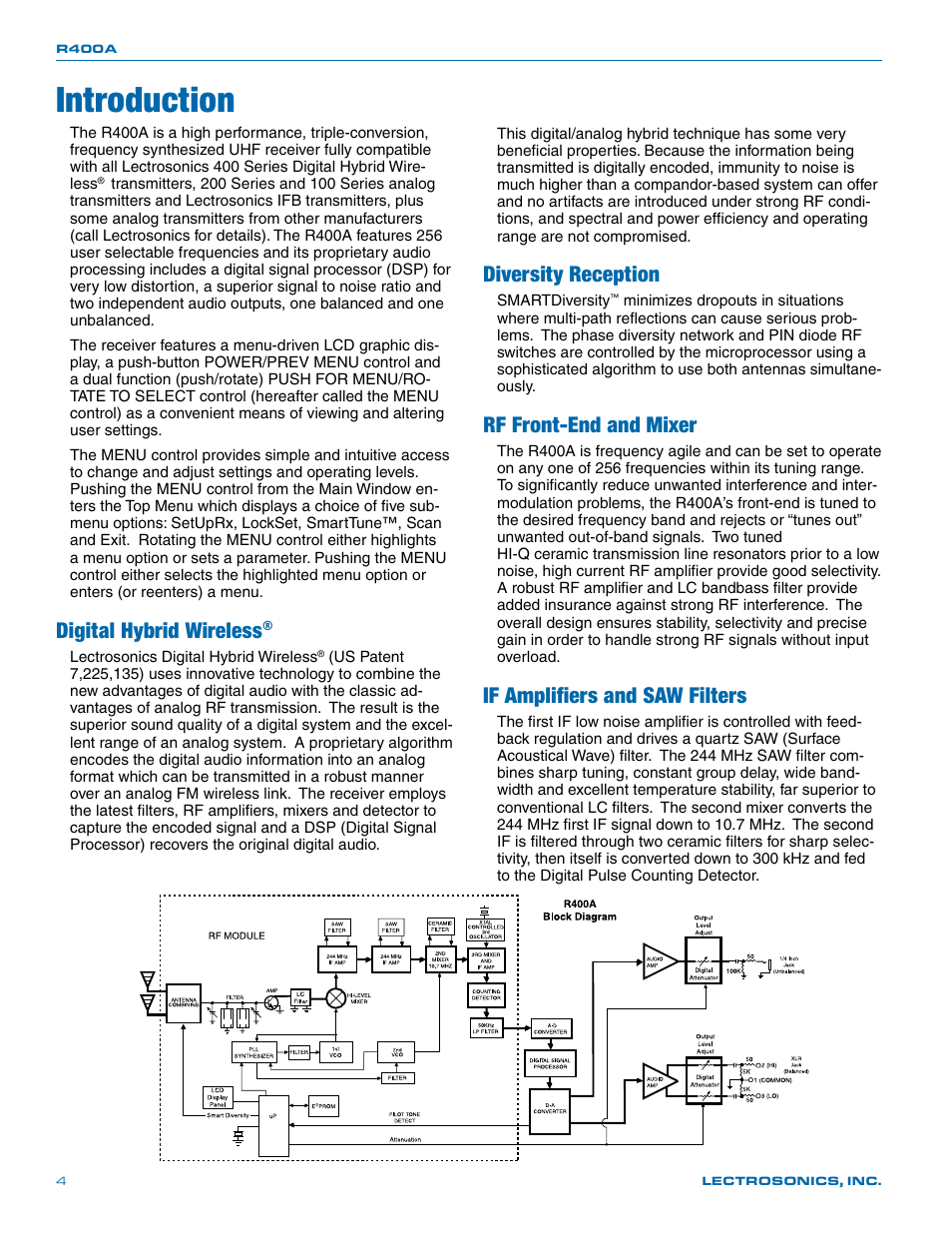 Introduction, Diversity reception, Rf front-end and mixer | If amplifiers and saw filters, Digital hybrid wireless | Lectrosonics R400a User Manual | Page 4 / 24