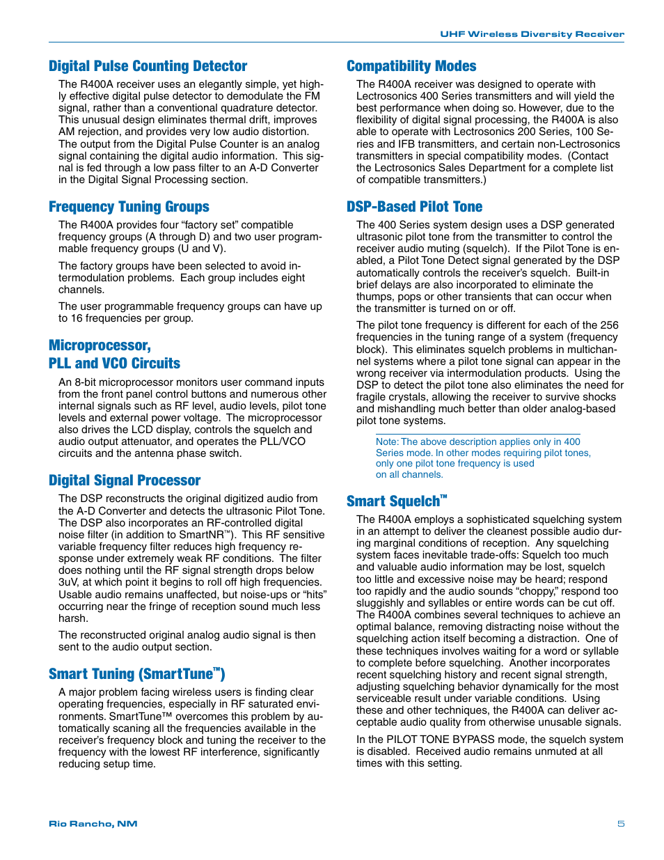 Digital pulse counting detector, Frequency tuning groups, Microprocessor, pll and vco circuits | Digital signal processor, Smart tuning (smarttune, Compatibility modes, Dsp-based pilot tone, Smart squelch | Lectrosonics R400a User Manual | Page 5 / 24