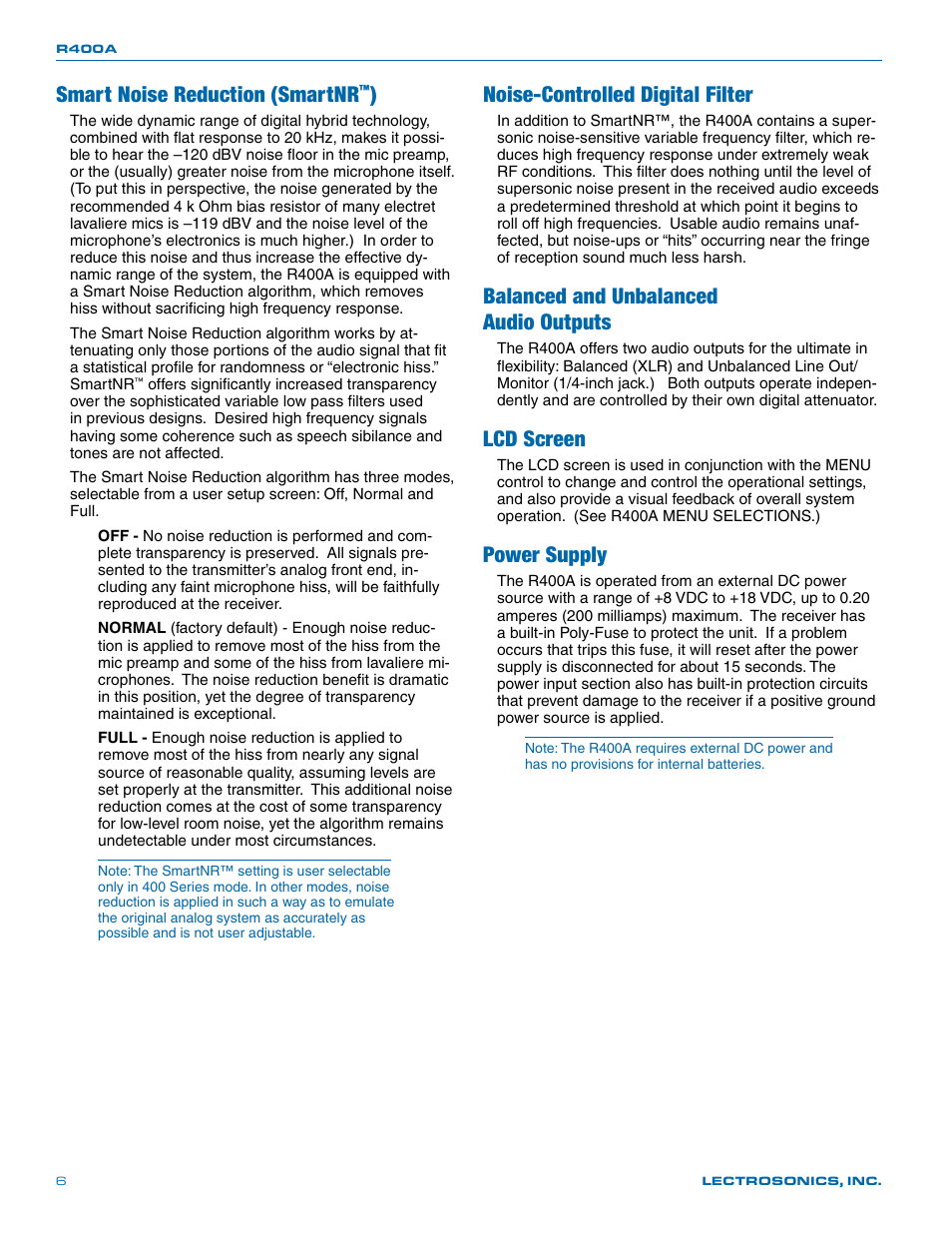Smart noise reduction (smartnr, Noise-controlled digital filter, Balanced and unbalanced audio outputs | Lcd screen, Power supply | Lectrosonics R400a User Manual | Page 6 / 24