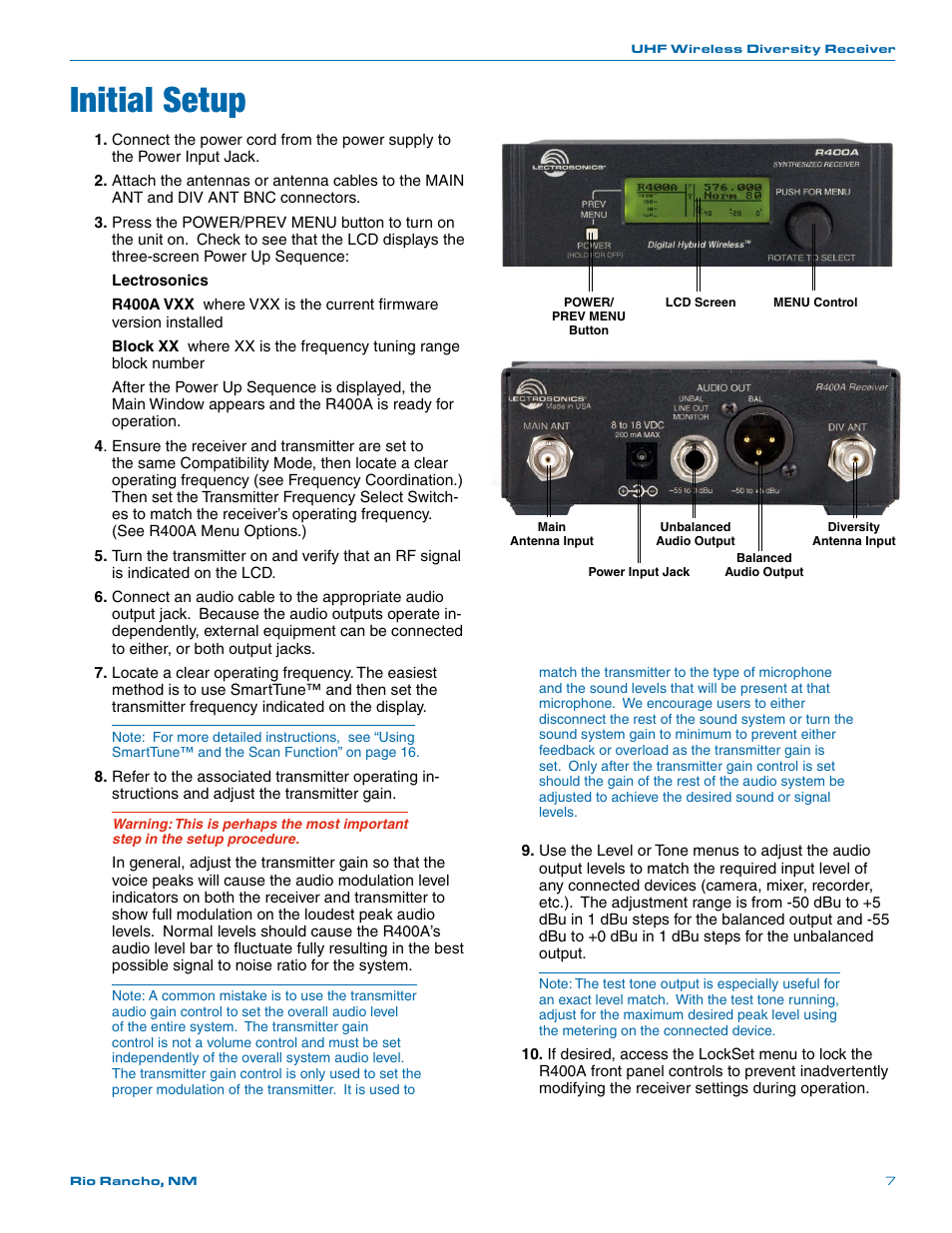 Initial setup | Lectrosonics R400a User Manual | Page 7 / 24