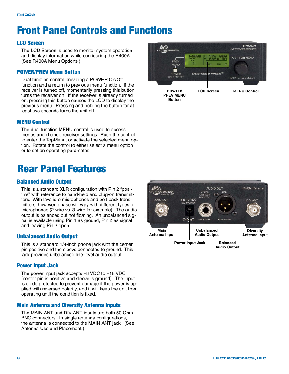 Front panel controls and functions, Rear panel features, Balanced audio output | Unbalanced audio output, Power input jack, Main antenna and diversity antenna inputs, Lcd screen, Power/prev menu button, Menu control | Lectrosonics R400a User Manual | Page 8 / 24