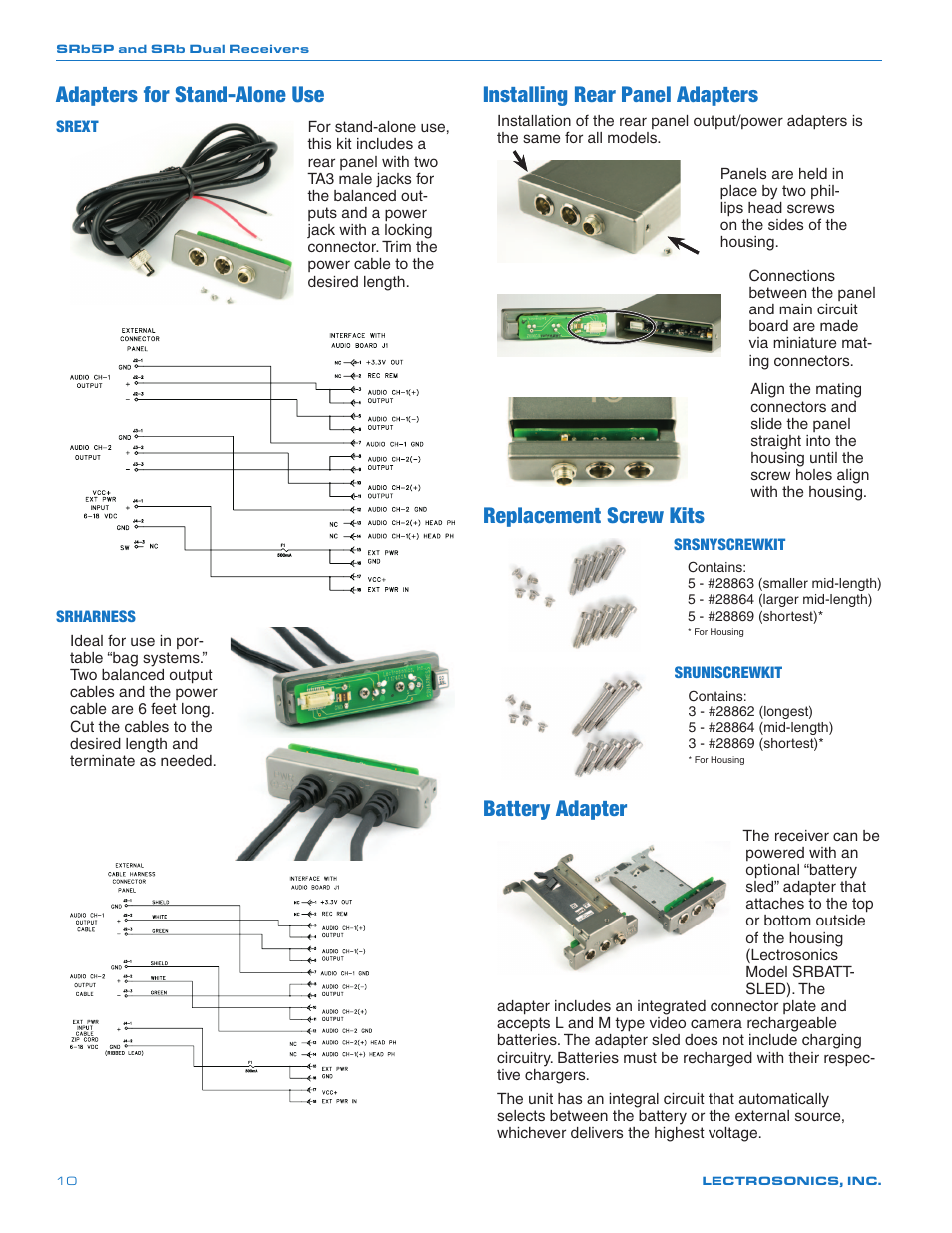 Adapters for stand-alone use, Installing rear panel adapters, Replacement screw kits | Battery adapter | Lectrosonics SRb_SRb5P User Manual | Page 10 / 28