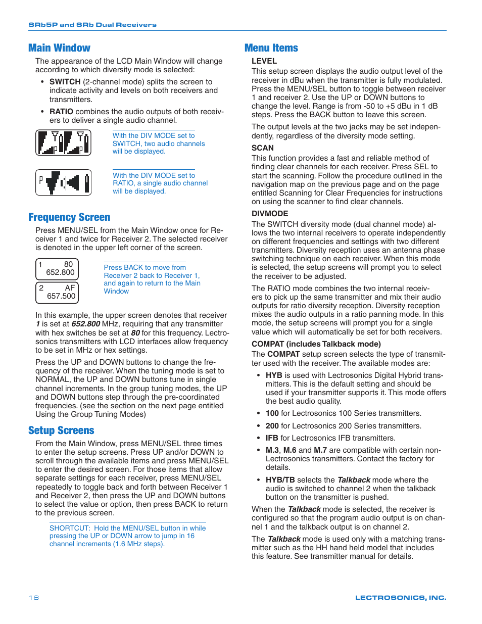 Main window, Frequency screen, Setup screens | Menu items | Lectrosonics SRb_SRb5P User Manual | Page 16 / 28
