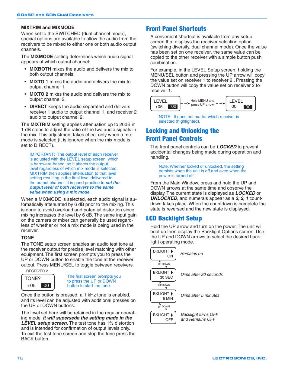 Front panel shortcuts, Locking and unlocking the, Front panel controls | Lcd backlight setup, Locking and unlocking the front panel controls | Lectrosonics SRb_SRb5P User Manual | Page 18 / 28