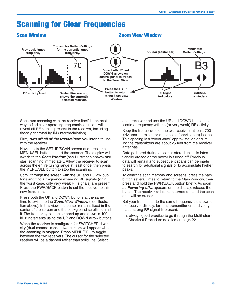 Scanning for clear frequencies, Scan window, Zoom view window | Lectrosonics SRb_SRb5P User Manual | Page 19 / 28