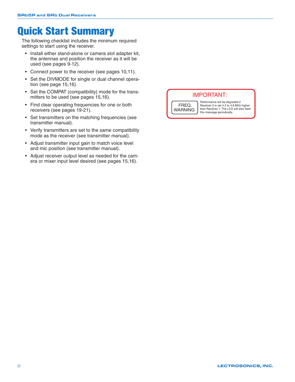 Quick start summary | Lectrosonics SRb_SRb5P User Manual | Page 2 / 28