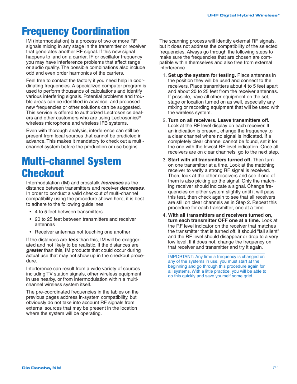 Frequency coordination, Multi-channel system checkout | Lectrosonics SRb_SRb5P User Manual | Page 21 / 28