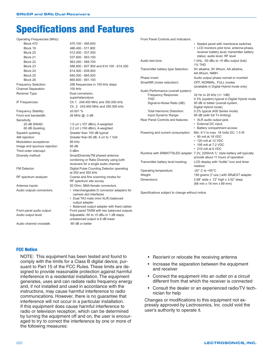Specifications and features, Fcc notice | Lectrosonics SRb_SRb5P User Manual | Page 22 / 28