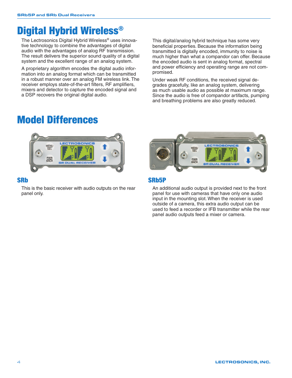 Digital hybrid wireless, Model differences, Srb5p | Lectrosonics SRb_SRb5P User Manual | Page 4 / 28