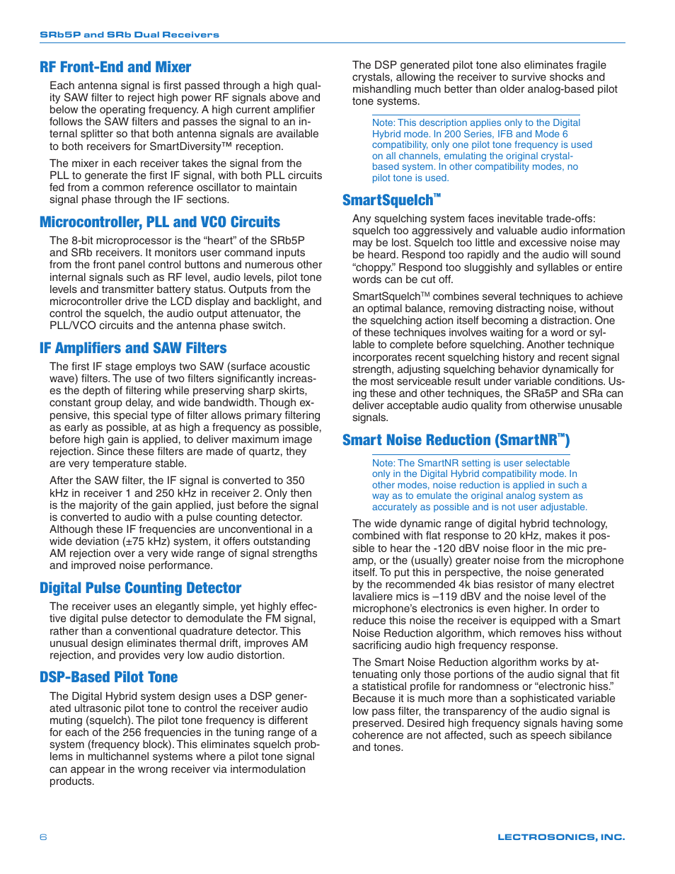 Rf front-end and mixer, Microcontroller, pll and vco circuits, If amplifiers and saw filters | Digital pulse counting detector, Dsp-based pilot tone, Smartsquelch, Smart noise reduction (smartnr | Lectrosonics SRb_SRb5P User Manual | Page 6 / 28