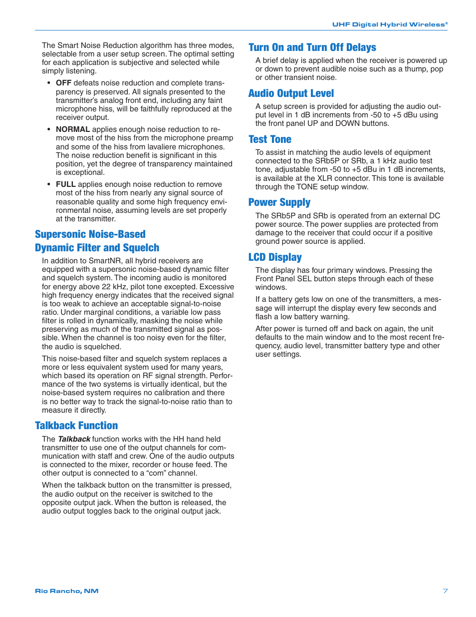 Supersonic noise-based dynamic filter and squelch, Talkback function, Turn on and turn off delays | Audio output level, Test tone, Power supply, Lcd display | Lectrosonics SRb_SRb5P User Manual | Page 7 / 28