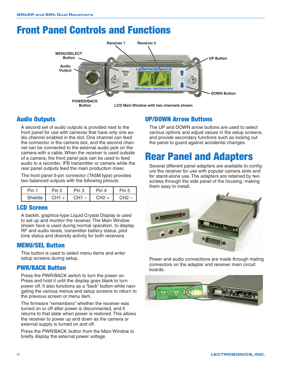 Front panel controls and functions, Audio outputs, Lcd screen | Menu/sel button, Pwr/back button, Up/down arrow buttons, Rear panel and adapters | Lectrosonics SRb_SRb5P User Manual | Page 8 / 28