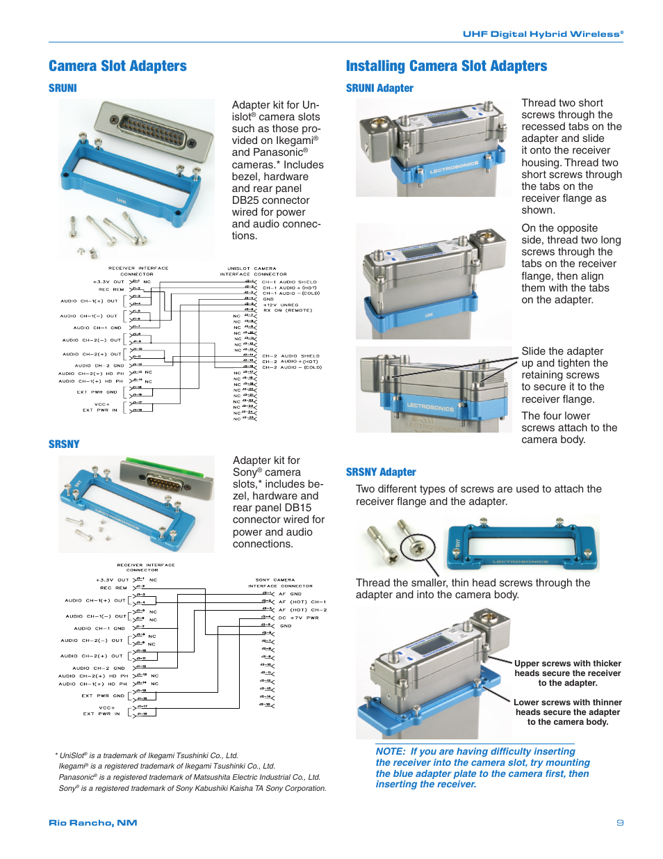 Camera slot adapters, Installing camera slot adapters | Lectrosonics SRb_SRb5P User Manual | Page 9 / 28