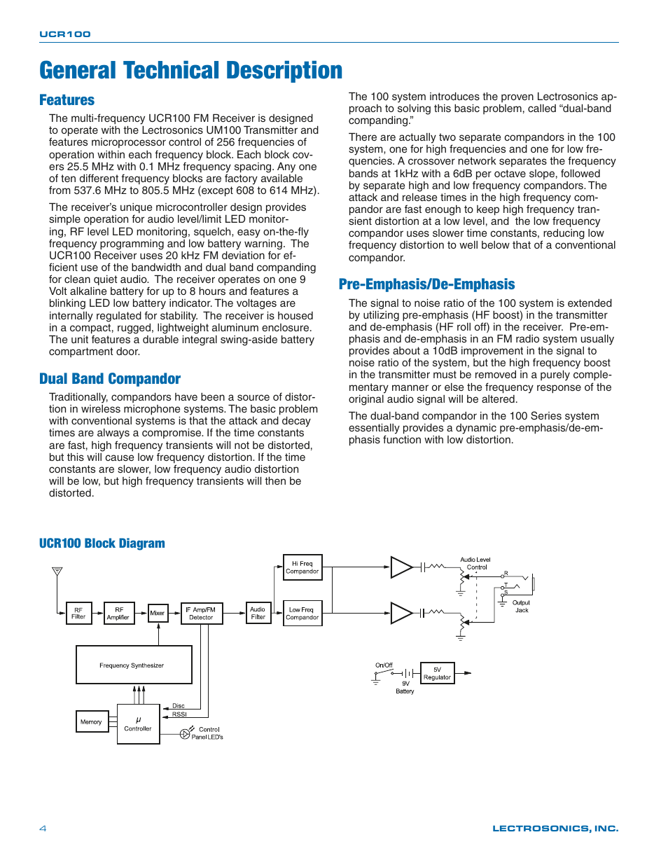 General technical description, Features, Dual band compandor | Pre-emphasis/de-emphasis, Ucr100 block diagram | Lectrosonics UCR100 User Manual | Page 4 / 12