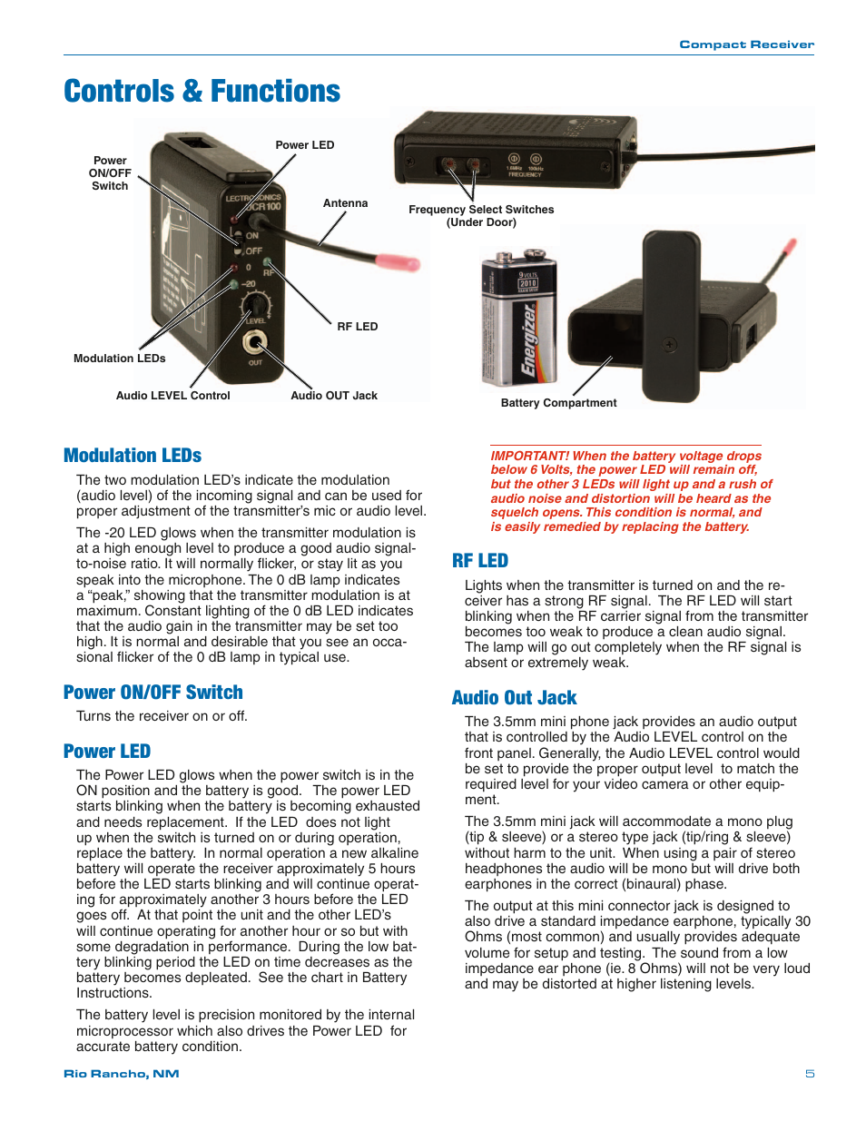 Controls & functions, Modulation leds, Power on/off switch | Power led, Rf led, Audio out jack | Lectrosonics UCR100 User Manual | Page 5 / 12