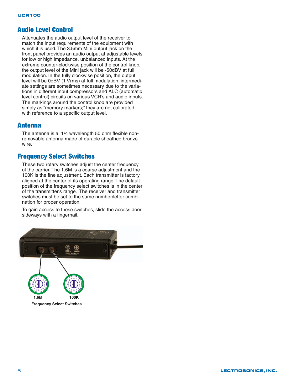 Audio level control, Antenna, Frequency select switches | Lectrosonics UCR100 User Manual | Page 6 / 12