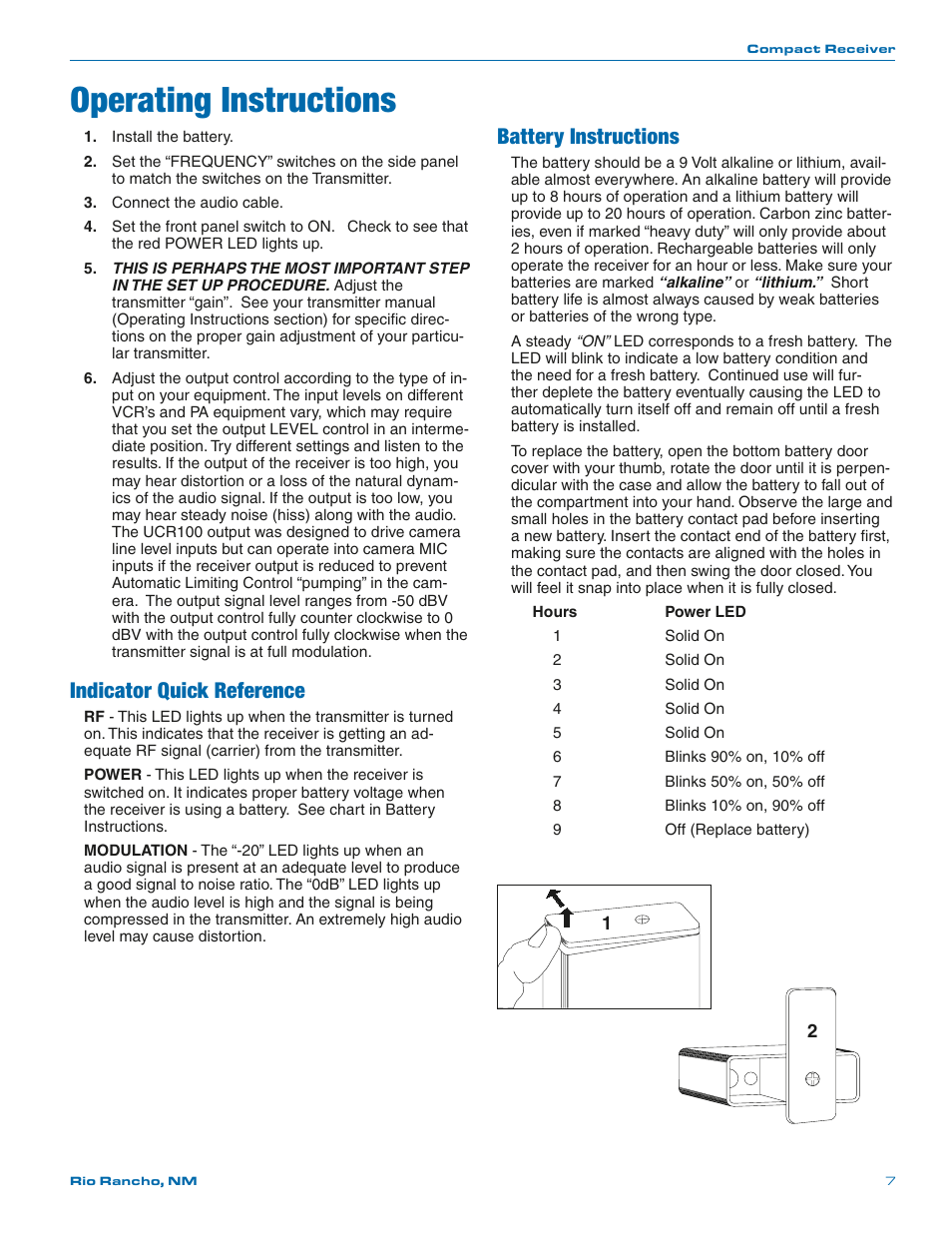 Operating instructions, Indicator quick reference, Battery instructions | Lectrosonics UCR100 User Manual | Page 7 / 12